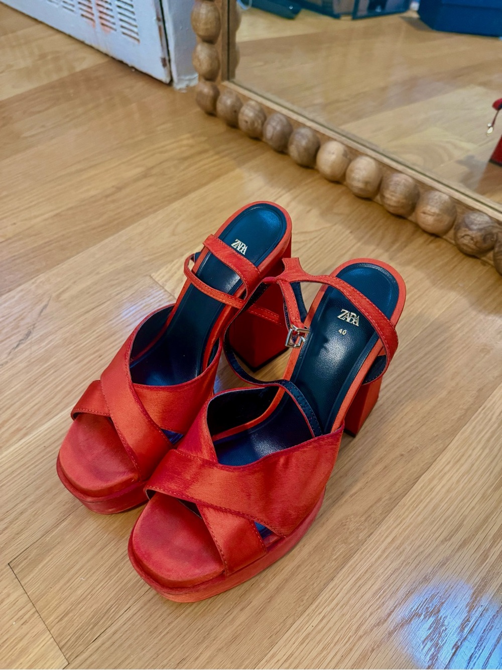 Zara Red Satin Platform Sandals with Ankle Strap